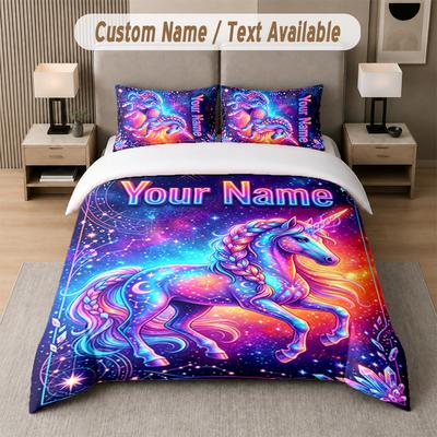 Unicorn Theme Custom Text Or Name 3Pcs Bedding Set 1 Flat Sheet & 2 Pillowcases Personalized Home Bedding