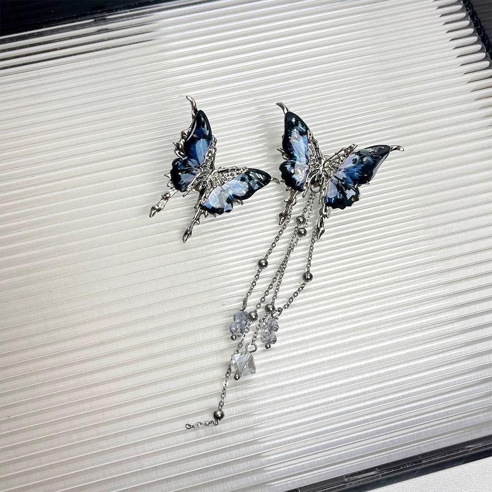 Asymmetrical Red Butterfly Tassel Earrings синий