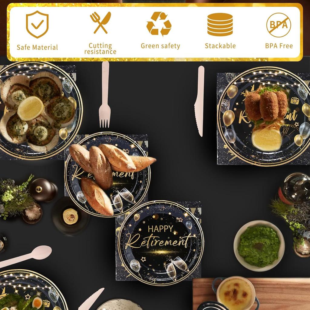 201PCS Retirement Party Decorations Retirement Plates Napkins Set, Black and Gold Retirement Plate,Napkin,Cup,Straw,Tablecloth,Wooden Cutlery,