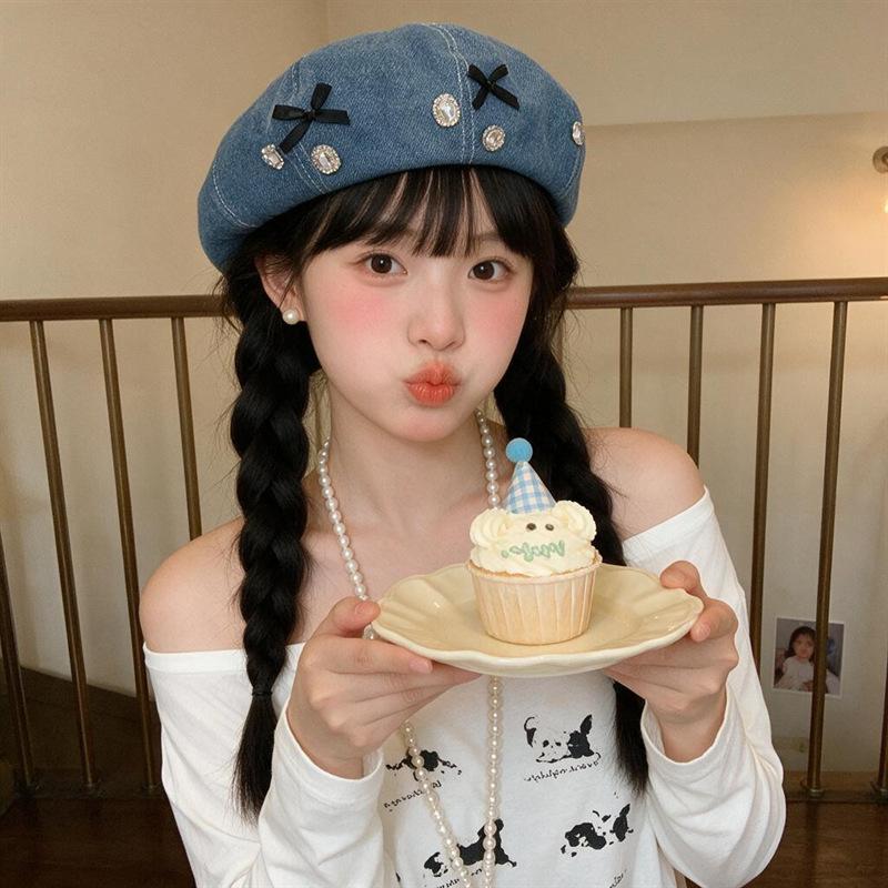 Washed Denim Octagonal Caps Solid Color Bow Decorated Women Beret Hats Casual Wear Rhinestone Embellished Artist Hat