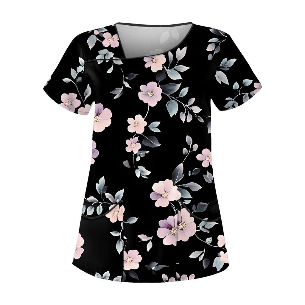 Women's Casual Print Short Sleeve Sloping Collar Workwear Top With Double Pockets