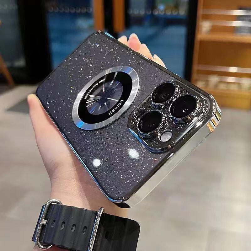 Metal Magnetic Bracket IPhone 16 Mobile Phone Case Suitable for Apple 15Pro Electroplated PC Flash Powder Protective Case Transparent