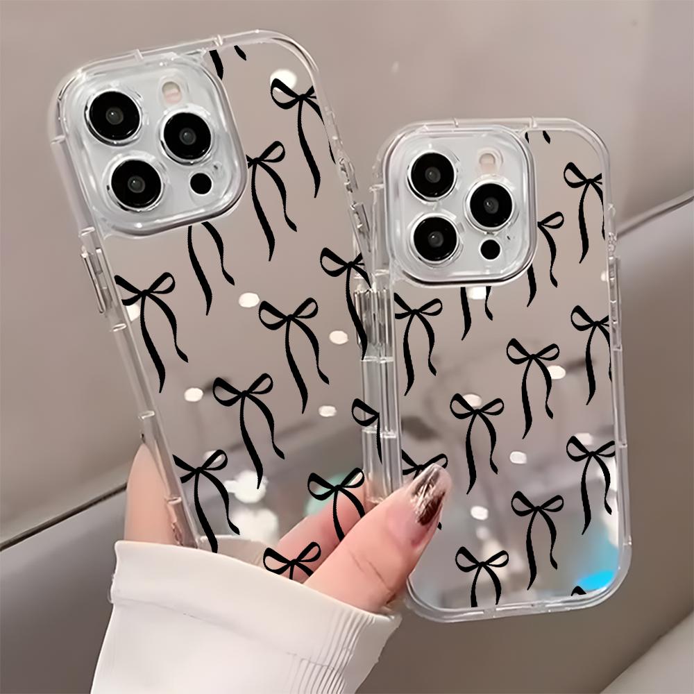 Black Bow Pattern Back Mirror Phone Case For iPhone 17 16 15 Pro 14 13 12 11 Pro Max X XR XS 7 8 Plus 17 Air Shockproof Cover