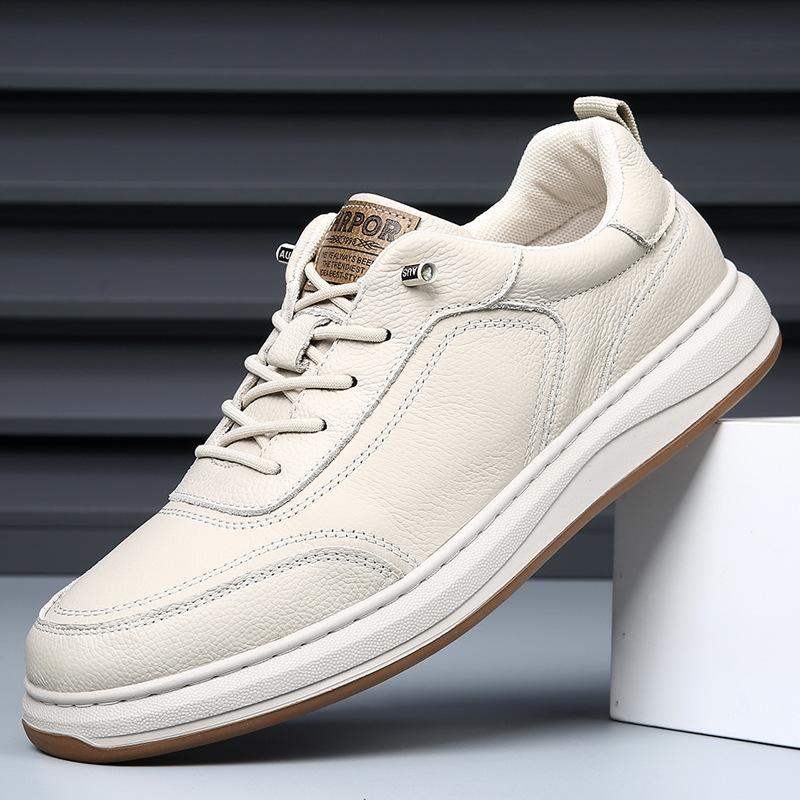 First Layer Cowhide White Shoes New Men's Business Casual Leather Shoes Men's Youth Versatile British Breathable Board Shoes Tide