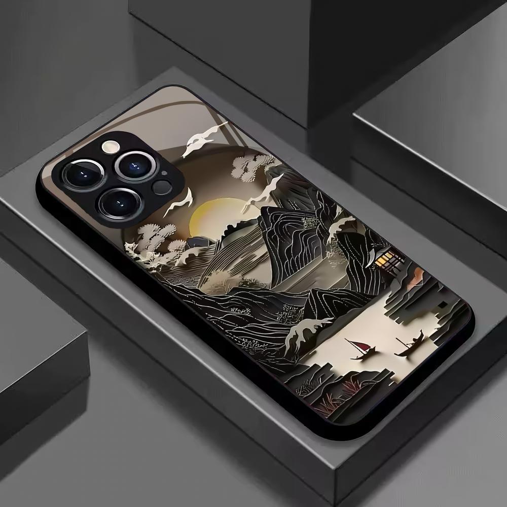 Tempered glass phone case with ancient architectural patterns suitable for iPhone 17 16 15 14 13 12 11 Pro/Max/Plus anti drop