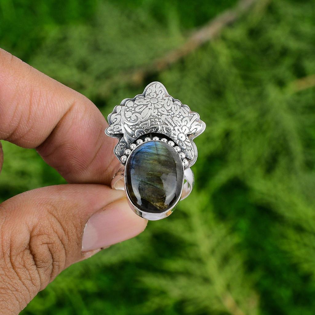 Easter Sale Oval Natural Labradorite Ethnic Bezel Statement Ring Sterling Silver