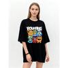 Camiseta Oversized Preta Kid Saltitante Desenhos Animados Monstros Estampa Streetwear Casual Unissex Top para Uso Diário e Passeios