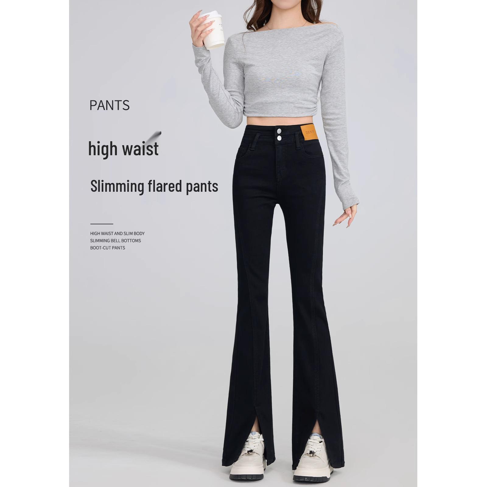 

Женские джинсы клеш с высокой посадкой черного цвета 2025: Приталенный крой, Эластичный, Микро-клеш, Весенний дизайн с разрезом 27, 96-105 lbs