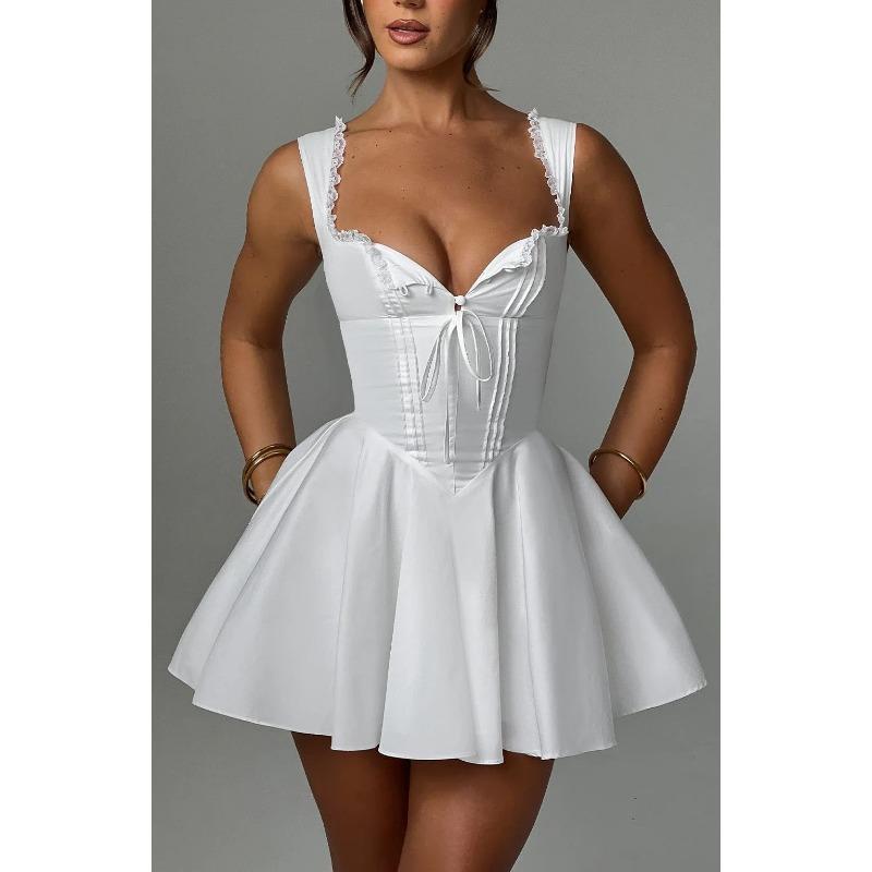

Summer Lovely Sweet A Line Short Dress Yellow Sexy Sleeveless Lace Up Pleated Party Dresses Hollow Out Slim Fit Elegant Holiday Dress Women L білий
