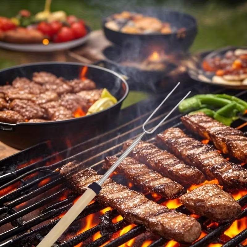 Stainless Steel Telescoping BBQ Fork U-Shaped Hot Dog Skewer with Wooden Handle for Outdoor Grilling Campfire BBQ Use