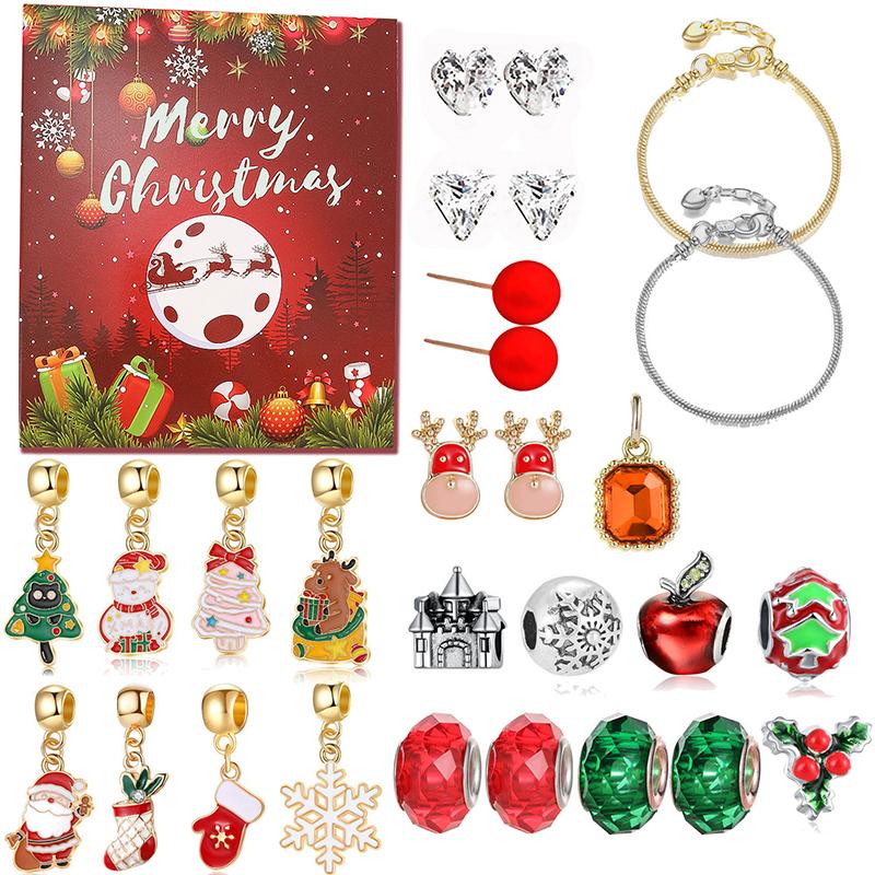 24 Days Xmas Theme Countdown Calendar With 2pcs Diy Charm Bracelets & Necklaces Kits Christmas Surprise For Girls Teens Women