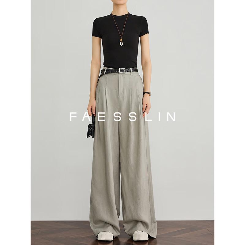FAESSLIN Women's Light Grey Linen Blend Wide-Leg Suit Pants