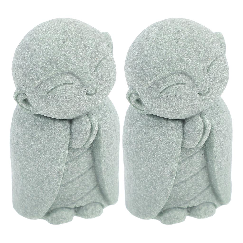 2Pcs Japanese Buddha Statues Sandstone Jizo Praying Smiling Monk Feng Shui Zen Garden Meditation Home Decor Sculpture