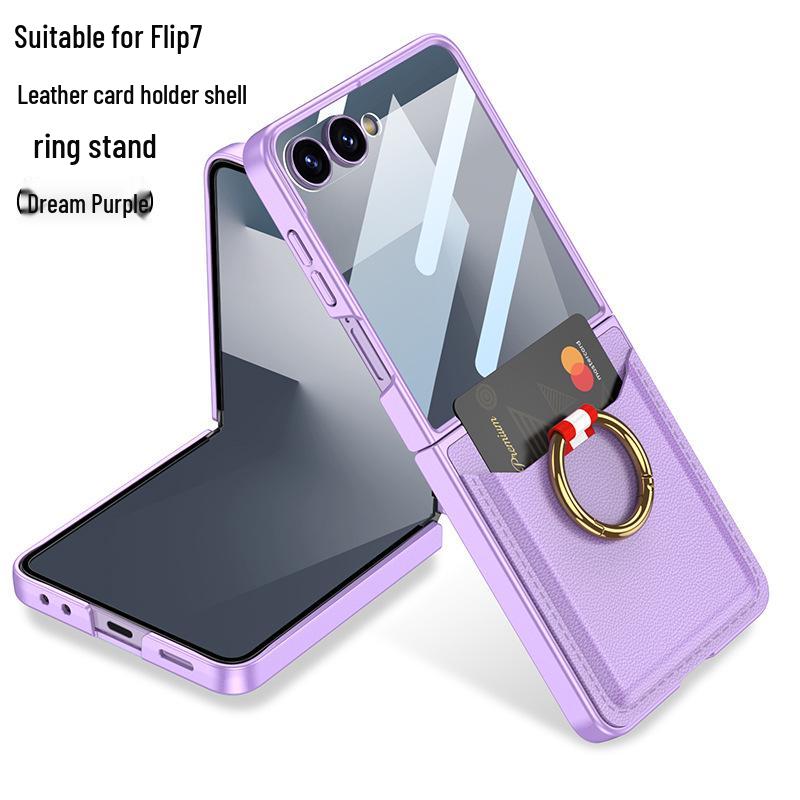 Samsung Z Flip7 Ultra-Thin Leather Case: Full Coverage, Card Holder, Ring, Anti-Drop Protection