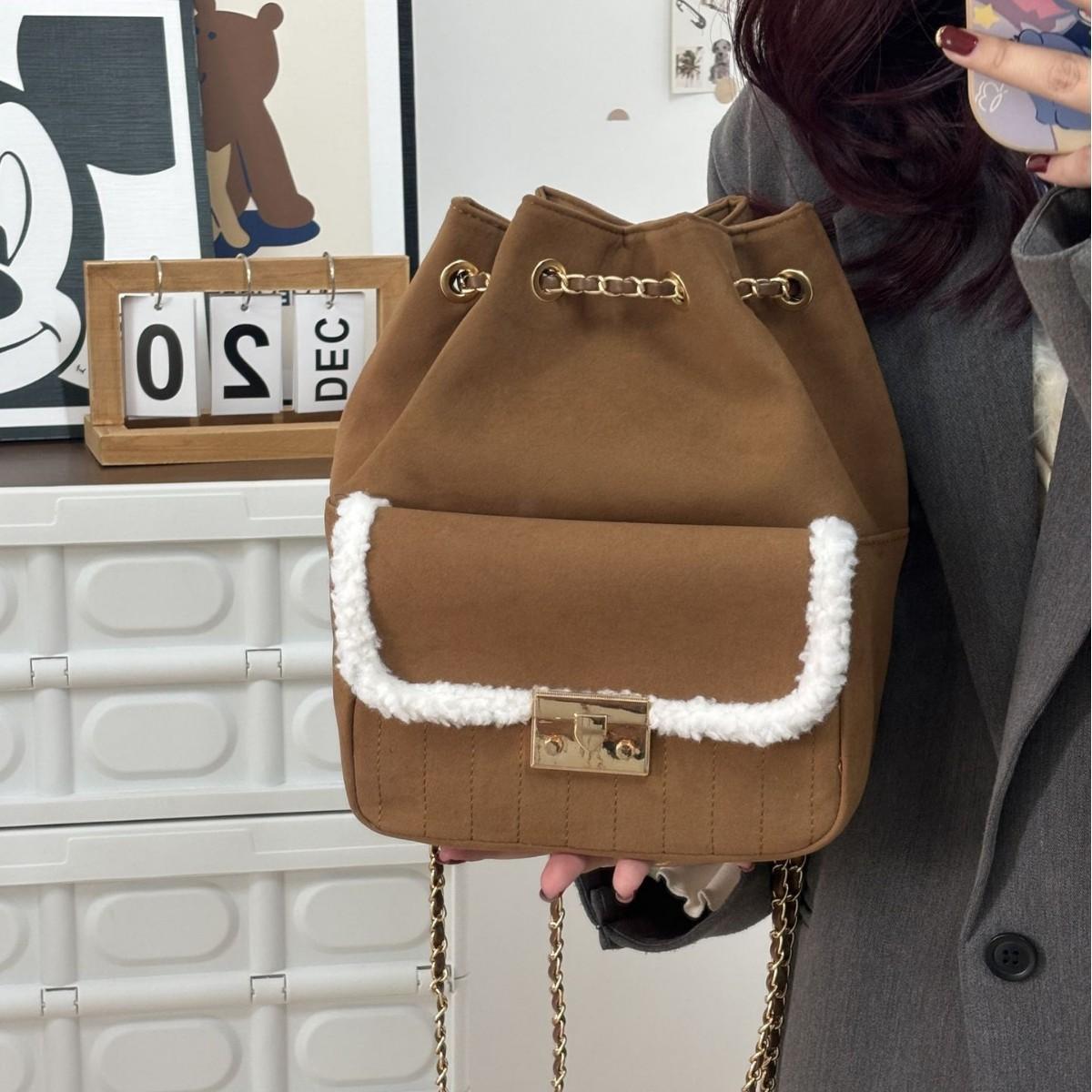 

Осень и зима новая плюшевая сумка-ведро с пэчворком, рюкзак премиум-класса на цепочке для выхода в свет, для поездок на работу, маленький рюкзак коричневый