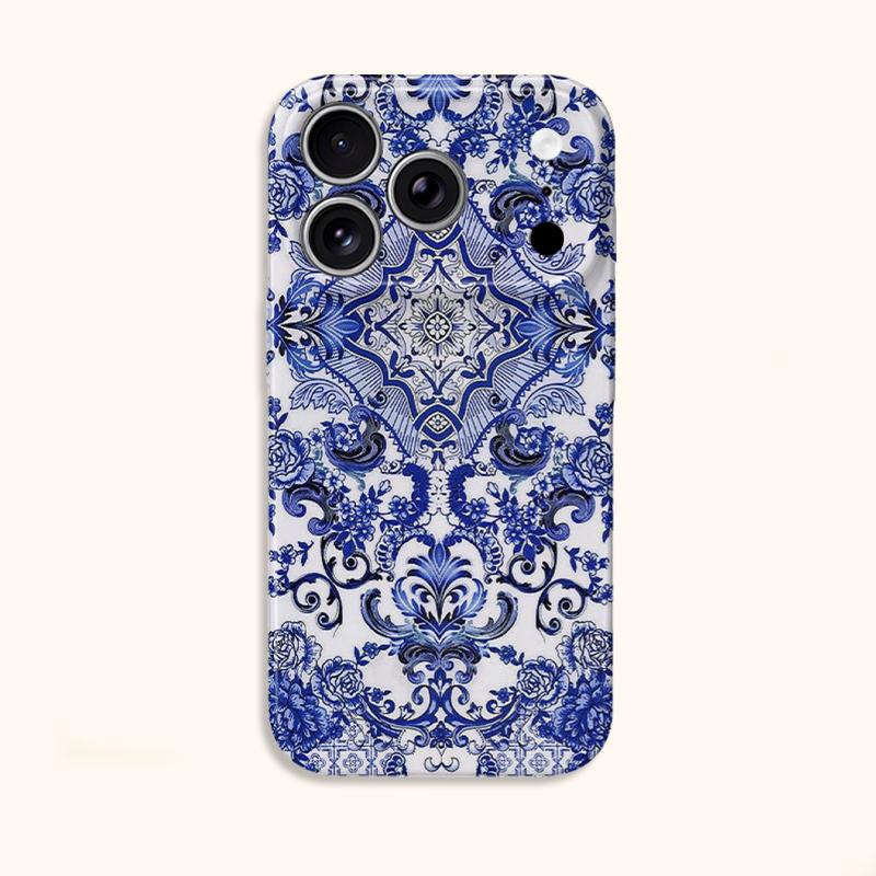 Porcelain Blue Stylized Floral Pattern Art Graphic Design Film Aesthetic Protective Shockproof Bumper Phone Case Cover For iPhone 14 15 16Pro Max Plus