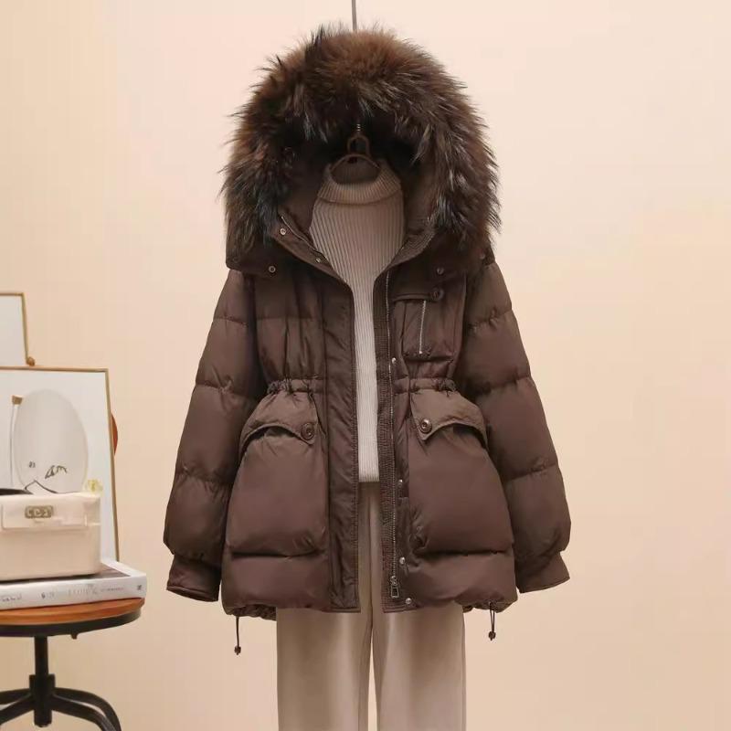 Winter New Down Jacket Women's Short Real Raccoon Big Fur Collar Waist and Thin Fashionable White Duck Down Jacket
