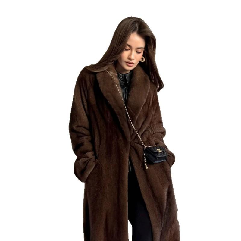 Womens Long Faux Mink Fur Coat With Belt Winter Elegant Commute Outerwear