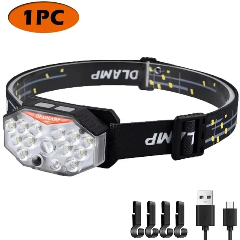 Multi-Functional Intelligent Headlamp Rechargeable Dual Light Source Headlight Red Warning Tent Camping Night Fishing Lantern
