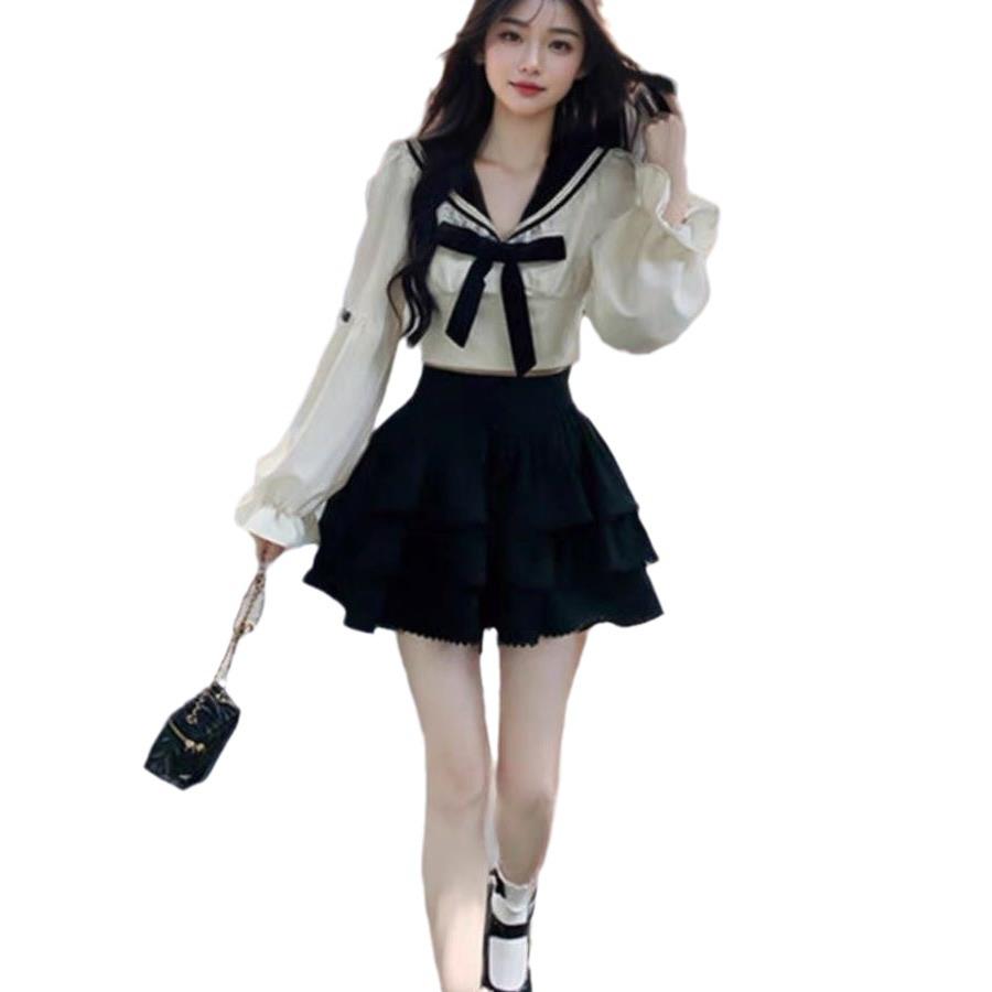 Korejský preppy mašle námořnický top s dlouhým rukávem a midi sukně s vysokým pasem set