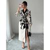 Womens Elegant French Floral Print Cross-Neck Long Sleeve Maxi Dress With High Waist Side Slit