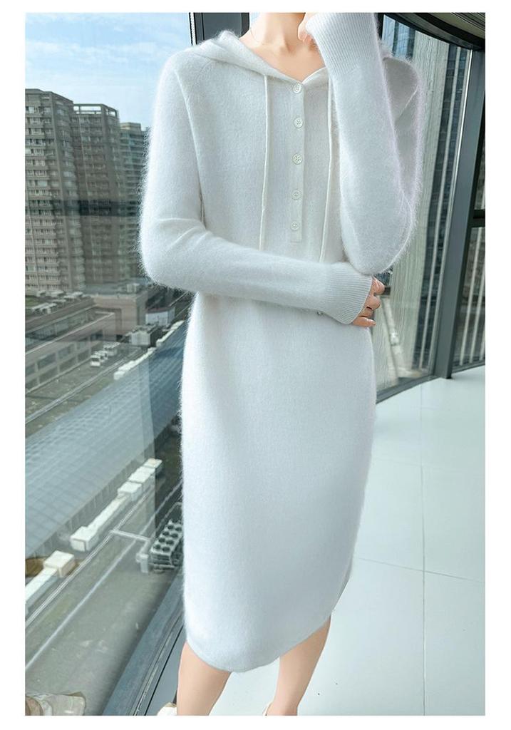 Versatile Hooded Knitted Dress - Autumn/Winter 2025: Slimming, Loose, Long Dress Shirt.