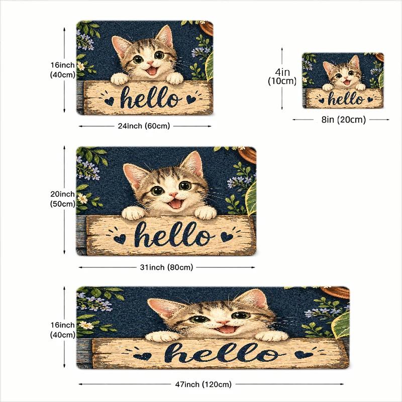 1Pcs Anti Fatigue Kitchen Rugs,  Cute Cat Hello  Print Waterproof Non-Slip Thick Cushioned Kitchen Mat Heavy Duty Comfort Standing Mat for Kitchen
