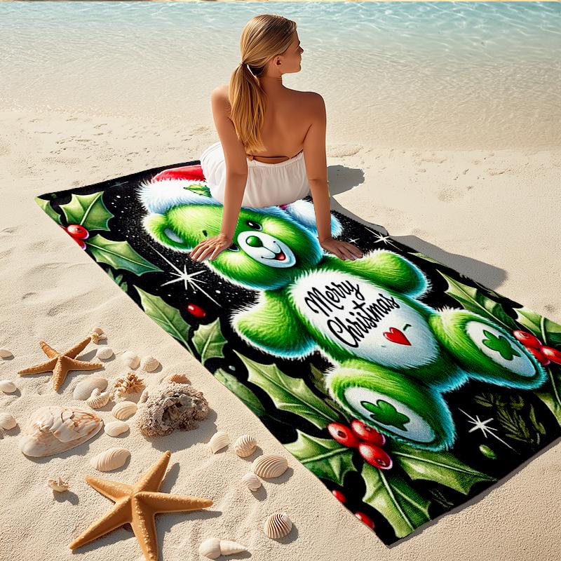 1Pc Christmas Green Teddy Bear Beach Towel, Quick Dry, Multi-Use for Beach Pool Gym Yoga Home Travel, Christmas, Halloween, Xmas Gift S8