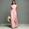 Vestido Longo Feminino Gola Mandarim Sem Mangas Single-Breasted Liso Mistura de Linho