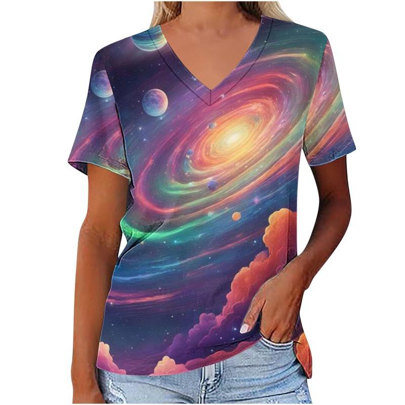 Women's V-neck T-shirt Short Sleeved Galaxy Print Summer Top Fashion 3D Pattern Waist Top