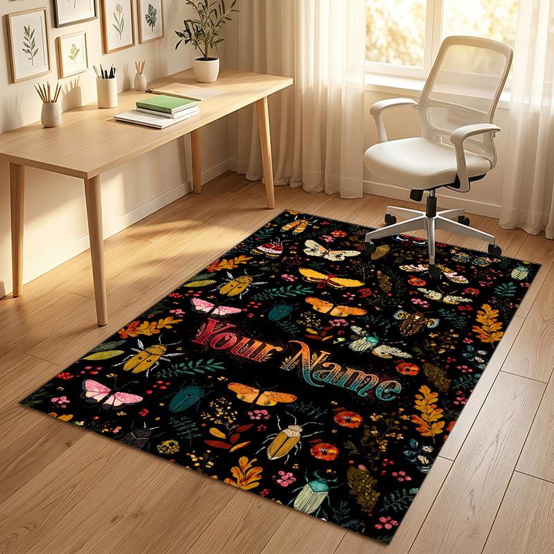 Floral Garden Theme Crystal Velvet Rug Personalized Custom Name Text Soft Floor Mat Home Decor