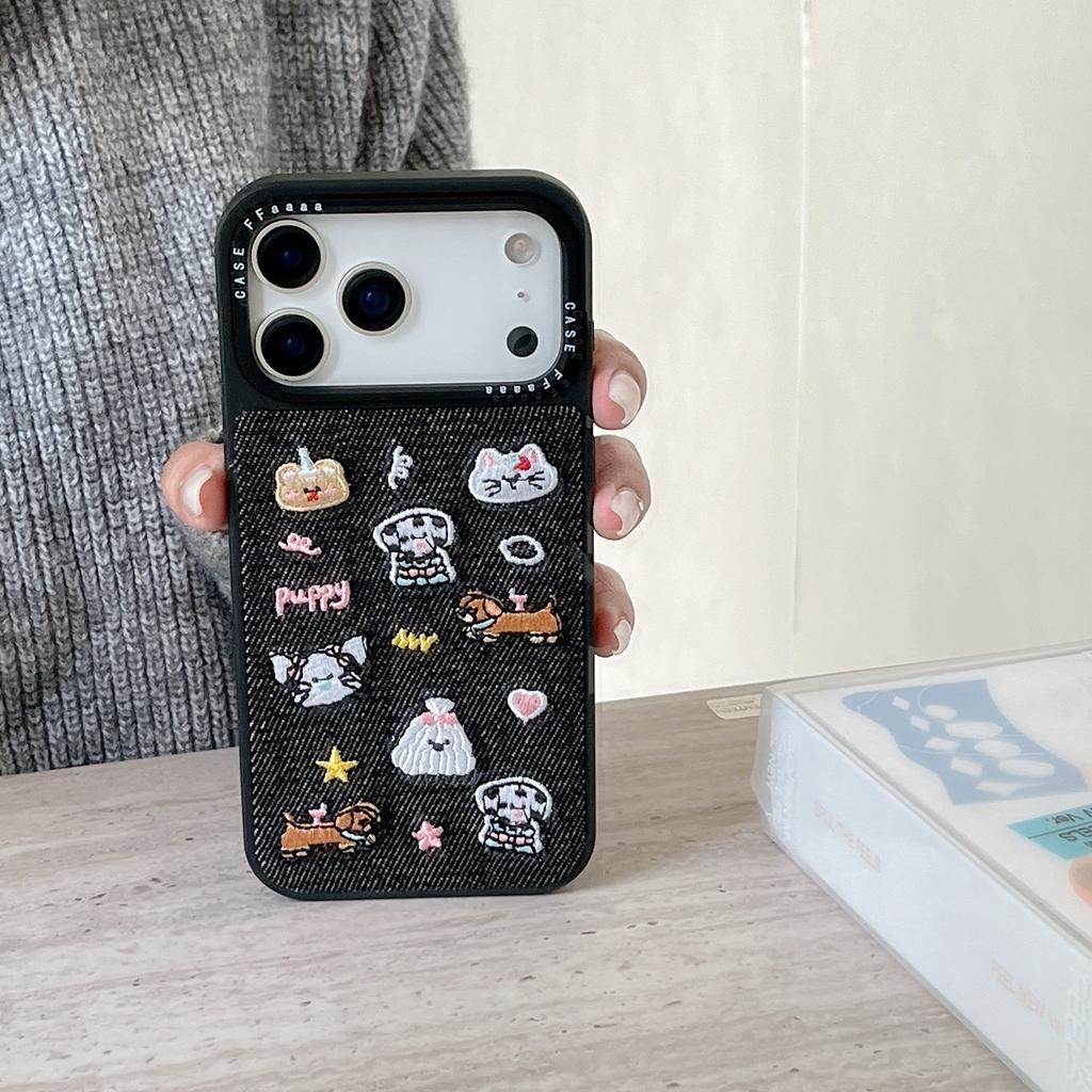 Fashion Denim Embroidery Cute Puppy Small Animal Shockproof Protective Phone Cover Case for iPhone 17 16 15 14 Pro Max