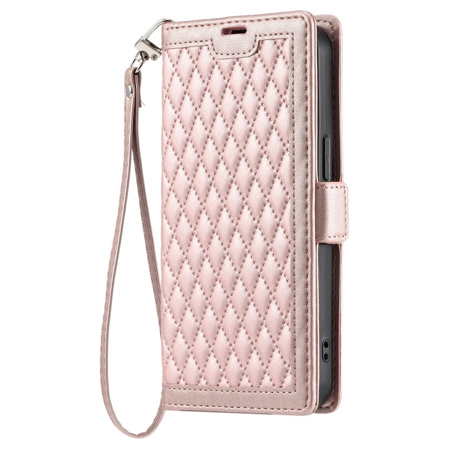 Mote preget rutete PU-lær flip-deksel for Xiaomi/Redmi/OPPO/VIVO/Huawei/Honor Lommebok Kortspor Håndleddsreim Telefondeksel for kvinner