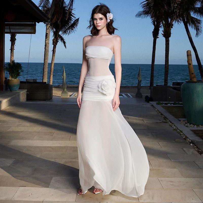 

Fairy White Elegant Chest Wrap Silm Fashion off-Neck Tube Top Backless Dress Goddess Bali Vacation Skirt White S