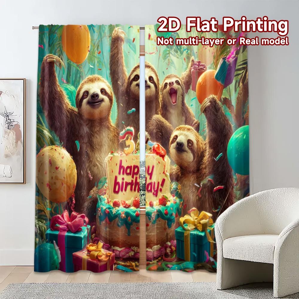 2pcs, 2D FLAT PRINTING Curtains (Without Rod) Sloth Party Time Chic Curtain Cloth Prints Light Filtering Curtains Thermal