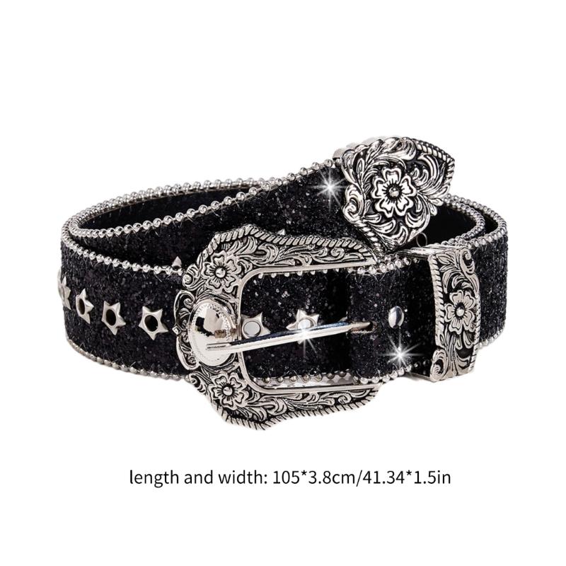 Grunge Waist Belts for Jeans Pants Carving Glitter Floral Buckle Belt Bandsman