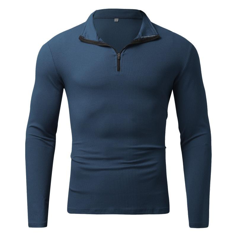 Men Long Sleeve Zipper Stand Collar Striped Thick Casual Polo Shirt
