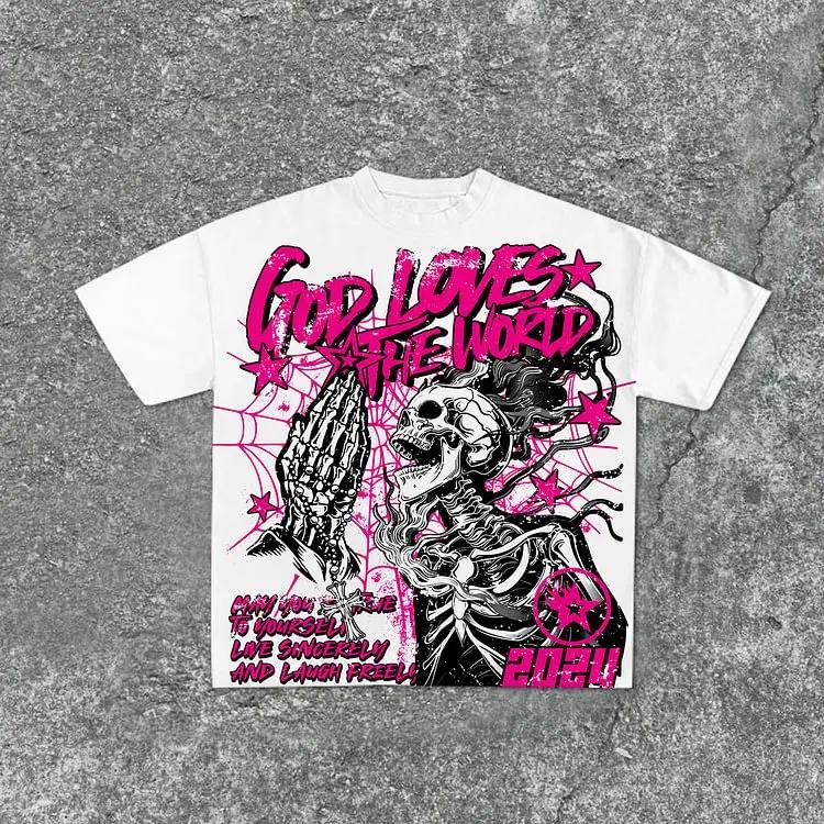 Hot Selling God Loves The World Graphic Print Casual Short Sleeve Streetwear Fashion Loose Oversized Cotton T-Shirt Men Women Summer New Tee