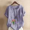Women's Fashion Tulips Prined Short Sleeve T-shirt Loose Cotton Shirt Casual Loose Summer Blouse Tops Plus Size