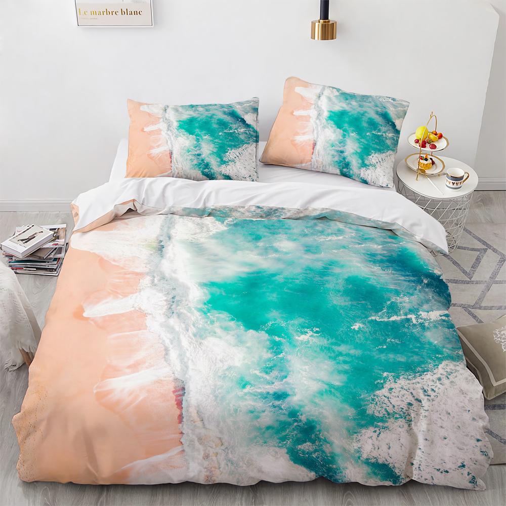 Ocean Beach Palme Bettbezug Set Meereswelle Polyester Steppdecke Bezug Tropische Blätter Hawaiianischer Urlaubsdruck Für Kind Erwachsener Teenager