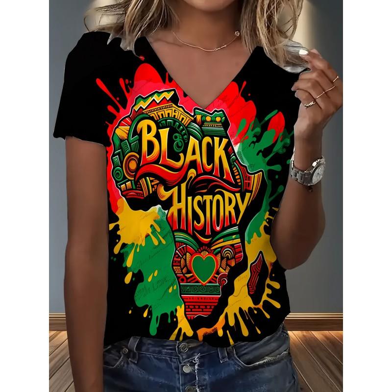 Womens V-Neck Loose Fit Short Sleeve T-Shirt With Colorful Geometric Starry Print Casual Top