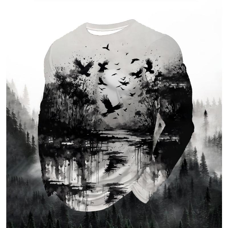 Herremote Trykket Rund Hals Langermet Fest Høst Sport Fritid Pullover Menn 3D Flygende Ørn Trykket Løs Sportstopp