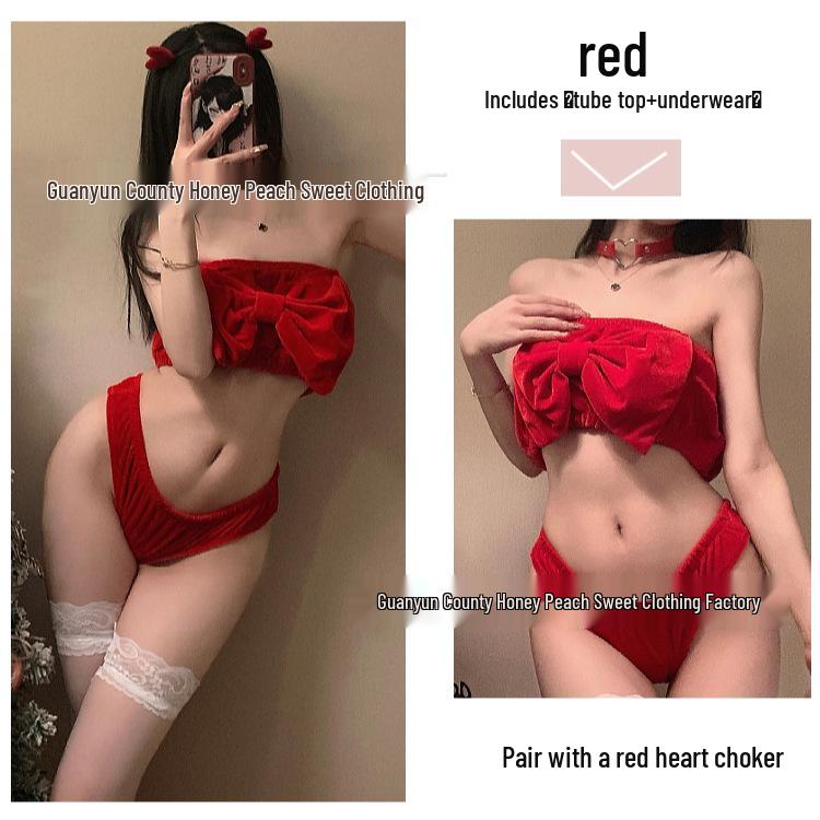 Christmas Red Lingerie Set - Sexy Bow Bandeau & Panties 