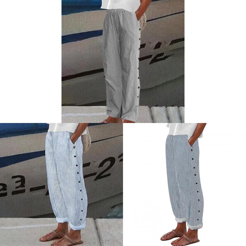 Stripes Cotton Womens Slim Fit Pants With Micro Stretch For Casual Summer Wear