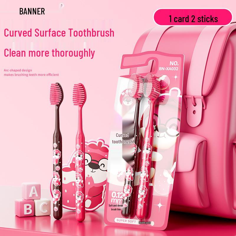 Benou Curved Adult Toothbrush Set - Cute Strawberry/Bear Design, Soft Bristles, Gum Protection, Two-Piece.