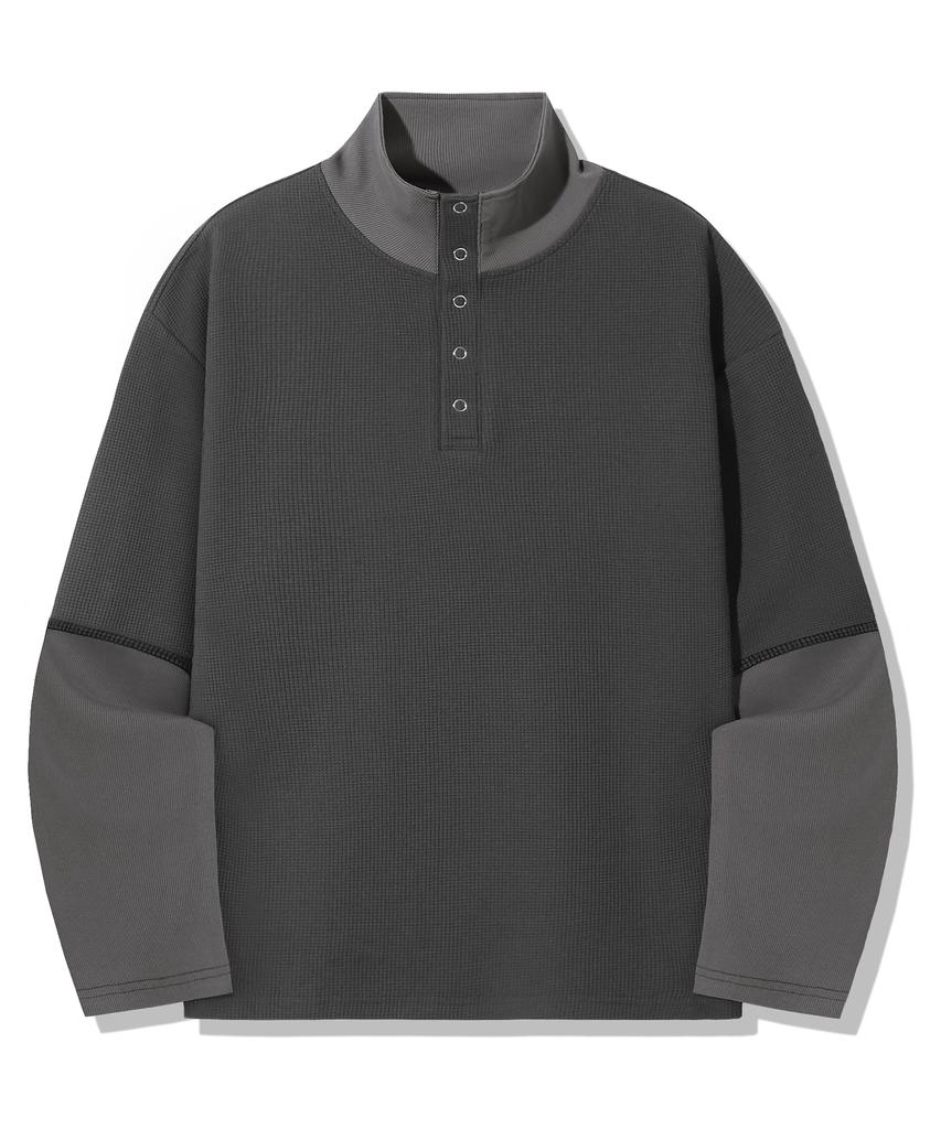 TRILLION Waffle Ring Snap Collar Henley Neck Long Sleeve_Charcoal