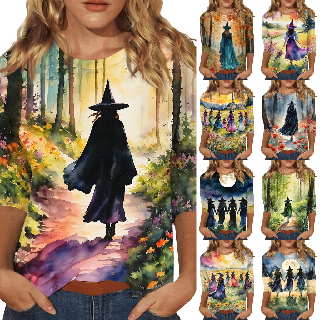 Women's Fashion Casual 3/4 Sleeve Halloween Print Neck Blouse
