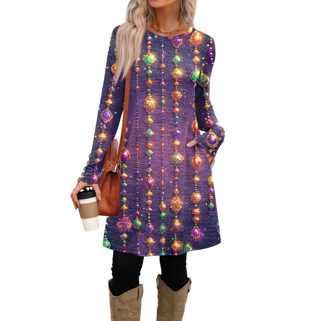 Modisches Damen-Kleid mit Rundhalsausschnitt, langen Ärmeln, Print, Tasche und Knöpfen, Freizeit