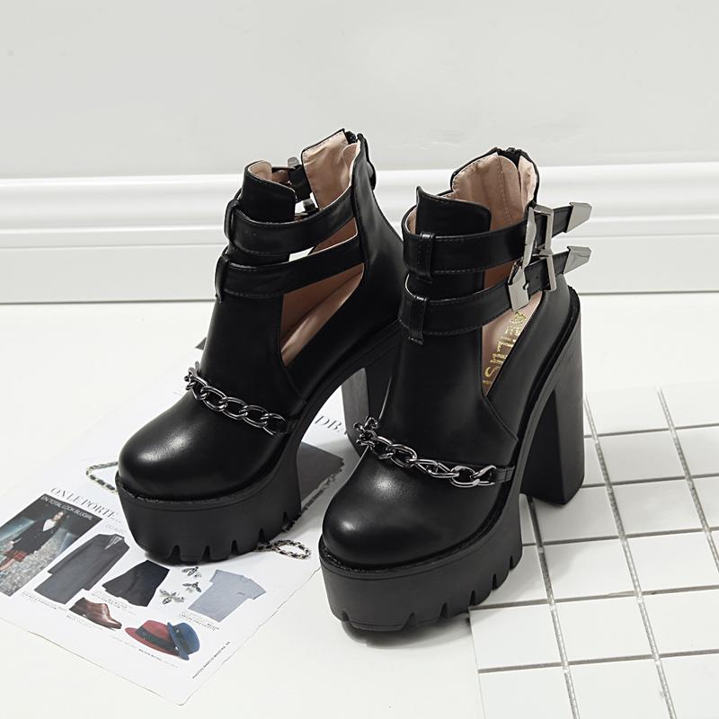 Sexy Ankle Boots Women High Heels Casual Cut-outs Buckle Round Toe Chain Thick Heels Platform Shoes
