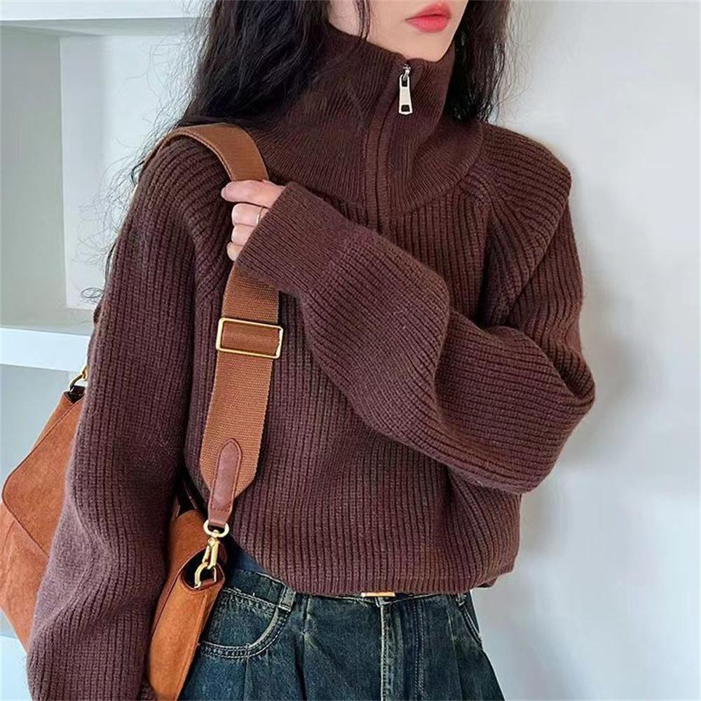Autumn Winter Women's Sweater Pullover Women Korean Design Zipper Loose Style Sweater Female Tops Solid Color Pullovers